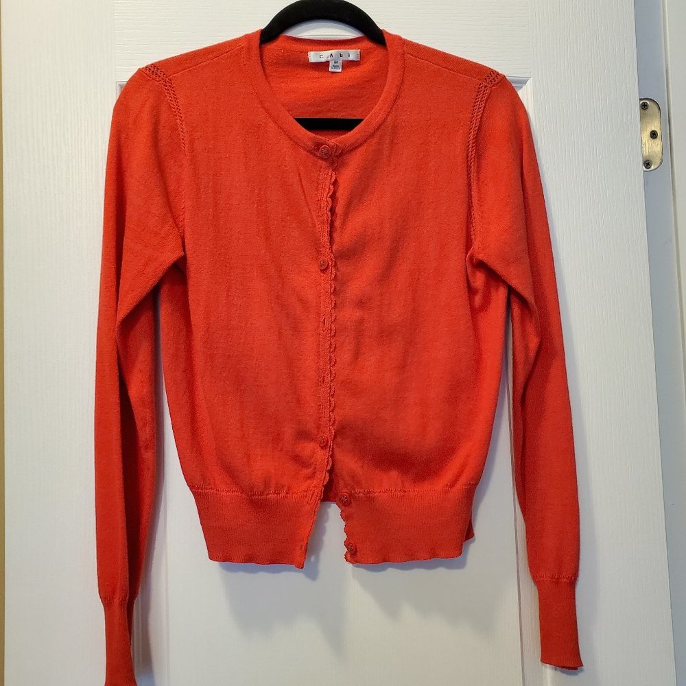 VINTAGE CAbi Short Poppy Red cardigan with lace detail Medium NWT New